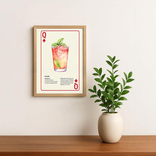 Shuffle Club Co. Paloma Series – 8x10 Cocktail Poster | Watercolor-Style Bar Wall Art, Vintage Playing Card Design, Made in Nashville USA (Queen of Diamonds, 8x10, Unframed)