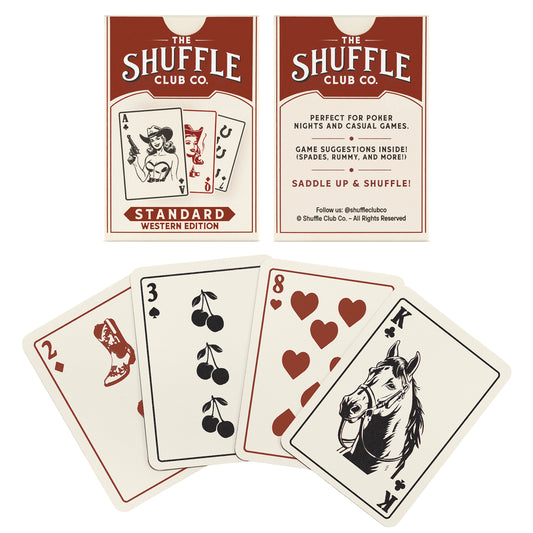 Display of Shuffle Club Co. Western edition playing cards and packaging; cards are spread showing western-themed suits and illustrations on a white background.