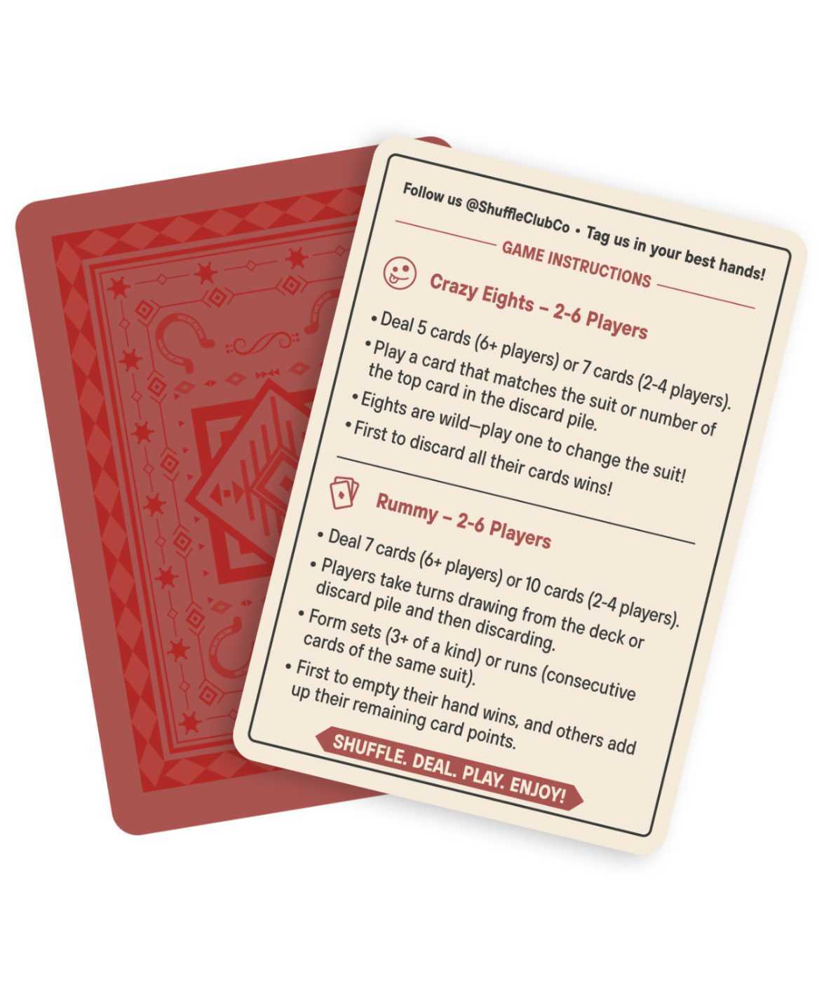 Instruction card for Shuffle Club Co. Western edition deck; printed game instructions for Crazy Eights and Rummy with red card back design on a white background.