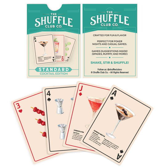 Spread of Shuffle Club Co. cocktail edition playing cards with watercolor cocktail artwork and packaging details.