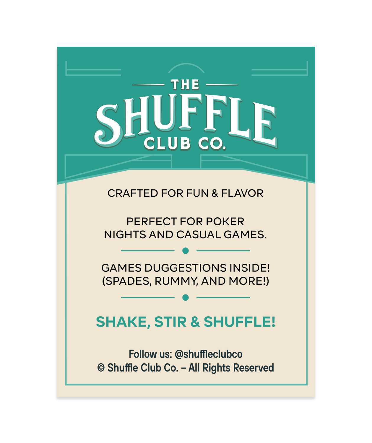 Teal and beige product card with Shuffle Club Co. logo and text describing the cocktail deck features and contact info.