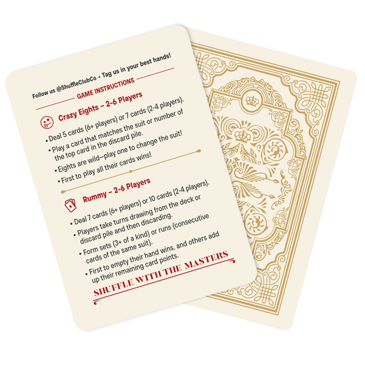 Two Shuffle Club Co. Fine Art Edition cards: one side provides game instructions for Crazy Eights and Rummy in red text with Shuffle With The Masters tagline, while the other shows the deck's ornate gold back design with an intricate pattern.