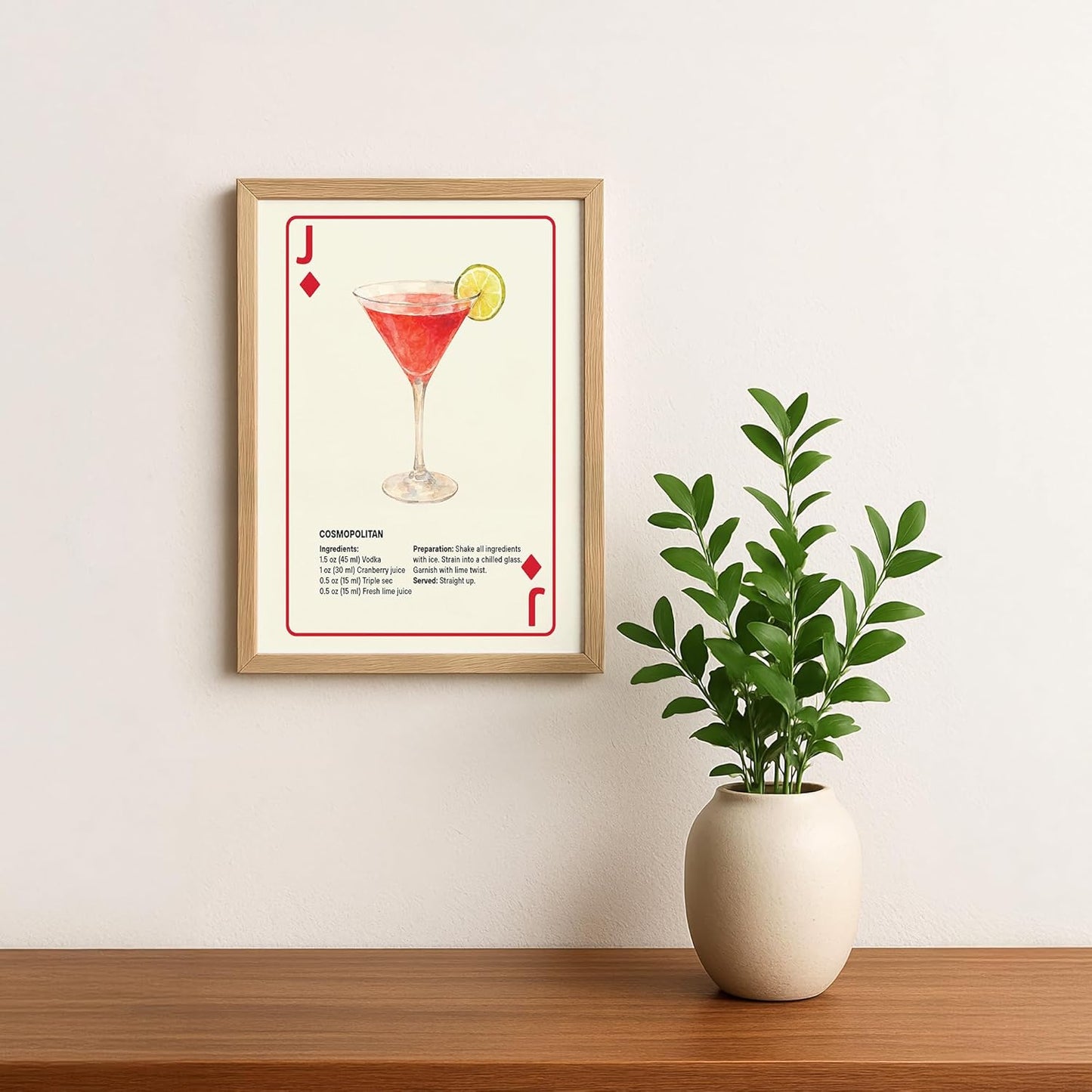 Shuffle Club Co Cosmopolitan Series –  8x10 Wall Art – Watercolor Jack Playing Card with Cosmo Recipe – Bar or Kitchen Decor, Pink Vodka Drink Print, Gift for Cocktail Lovers (Jack of Diamonds, 8x10, Unframed)