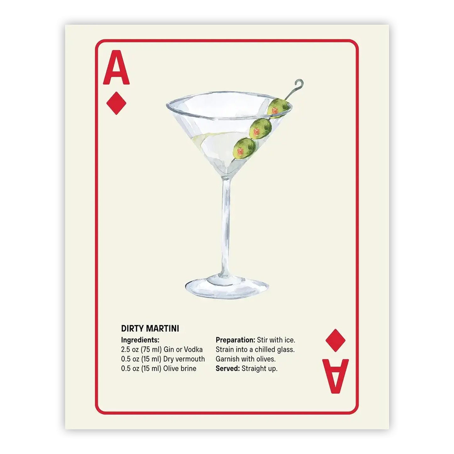 Shuffle Club Co. Dirty Martini Series – 8x10 Cocktail Poster | Vintage Bar Wall Art, Coffee Drink Print, Made in Nashville USA (Ace of Diamonds, 8x10, Unframed)