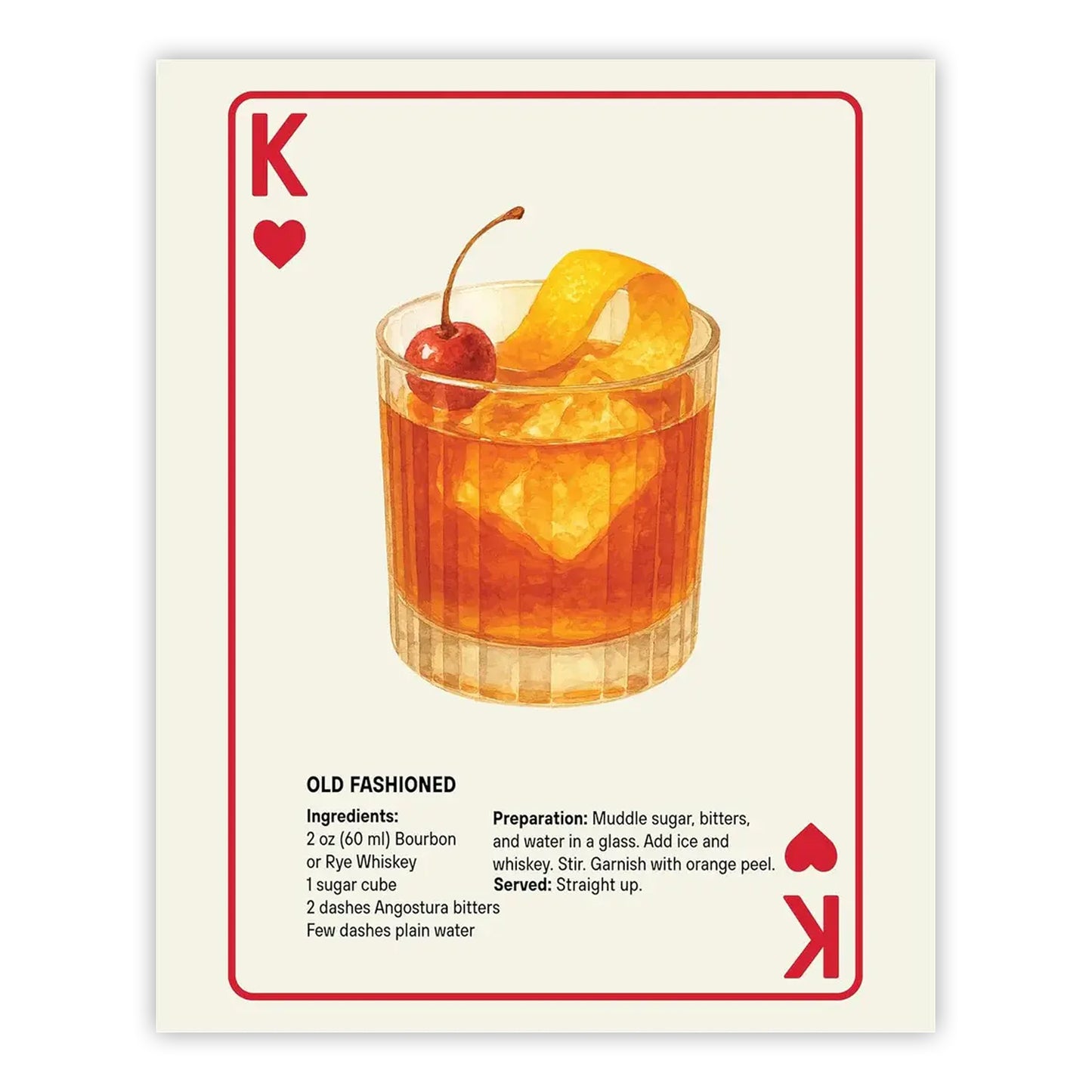 Shuffle Club Co. Old Fashioned Series –  8x10 Cocktail Poster | Vintage Playing Card Wall Art, Rustic Americana Decor, Made in Nashville USA (King of Heart, 8x10, Unframed)