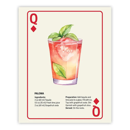 Shuffle Club Co. Paloma Series – 8x10 Cocktail Poster | Watercolor-Style Bar Wall Art, Vintage Playing Card Design, Made in Nashville USA (Queen of Diamonds, 8x10, Unframed)