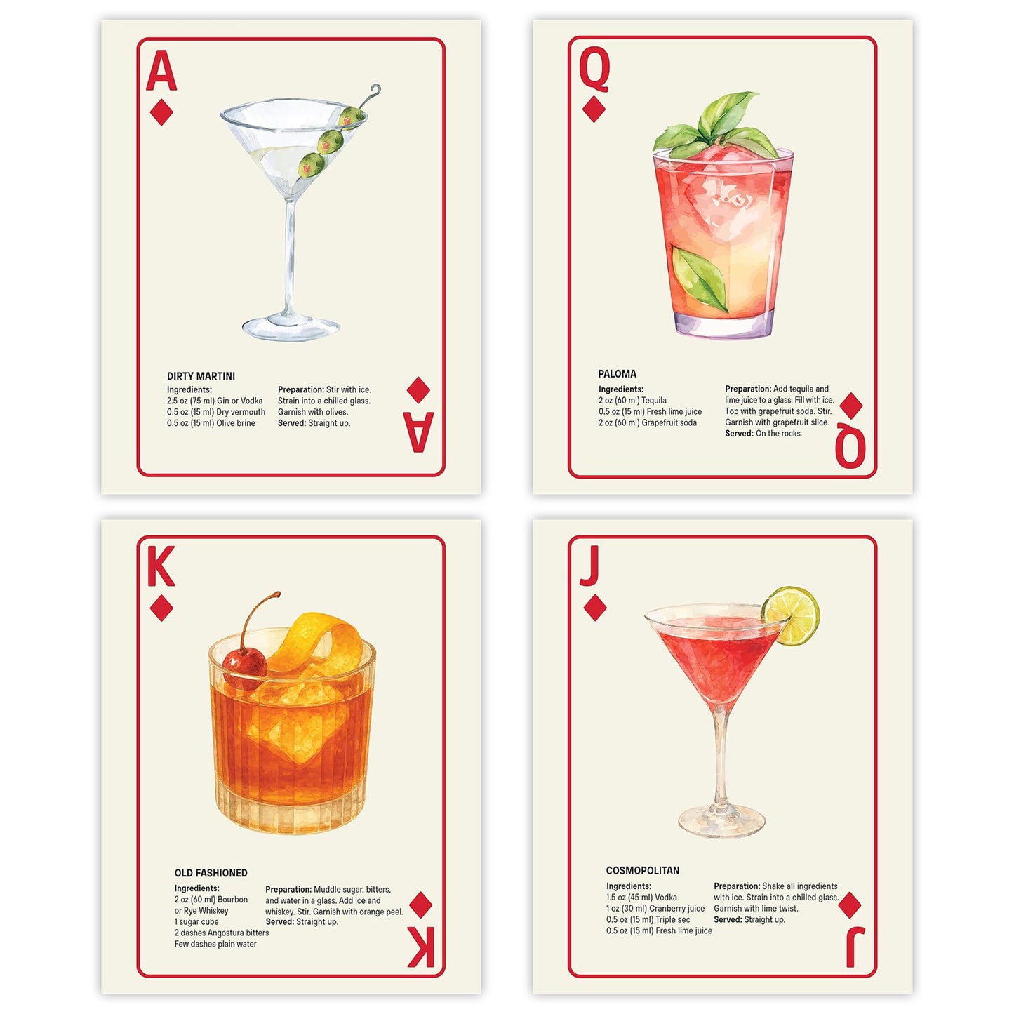 Shuffle Club Co. Cocktail Poster set - 4 - Playing Card Wall Art (8x10, Unframed)