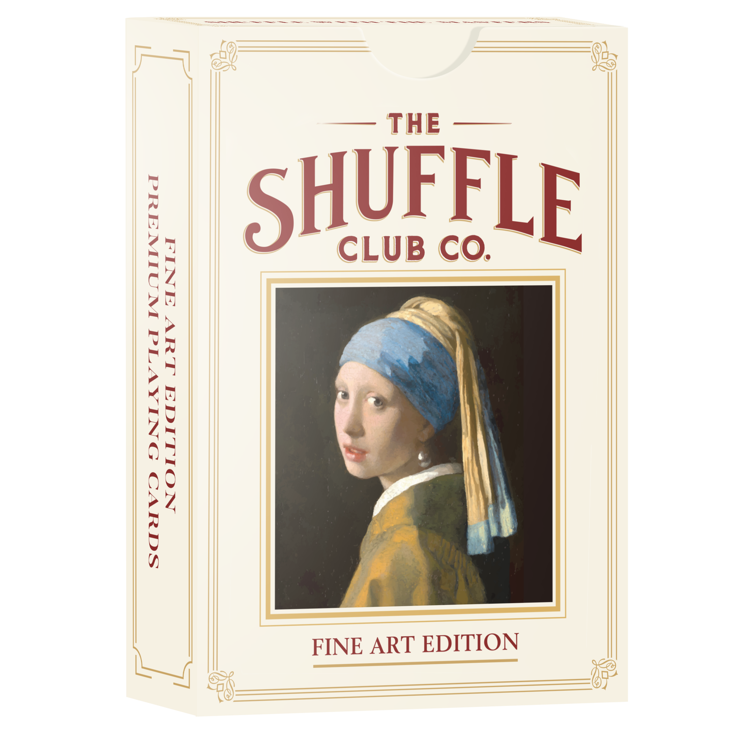 Fine Art Edition playing cards box by Shuffle Club Co. The beige packaging features a reproduction of Vermeer’s 'Girl with a Pearl Earring' painting framed in gold, with the words 'Fine Art Edition' and ornate border details.