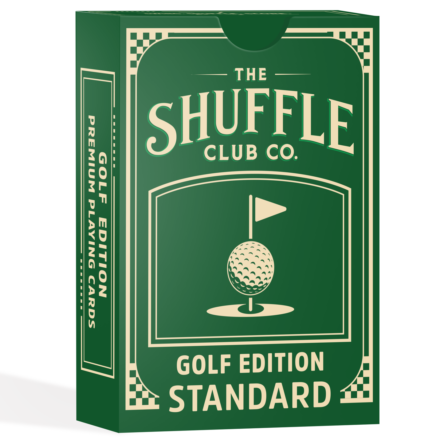 Front of Shuffle Club Co. Golf Edition playing cards box in green featuring a golf ball and flag illustration and the text 'Golf Edition Standard' on a white background.