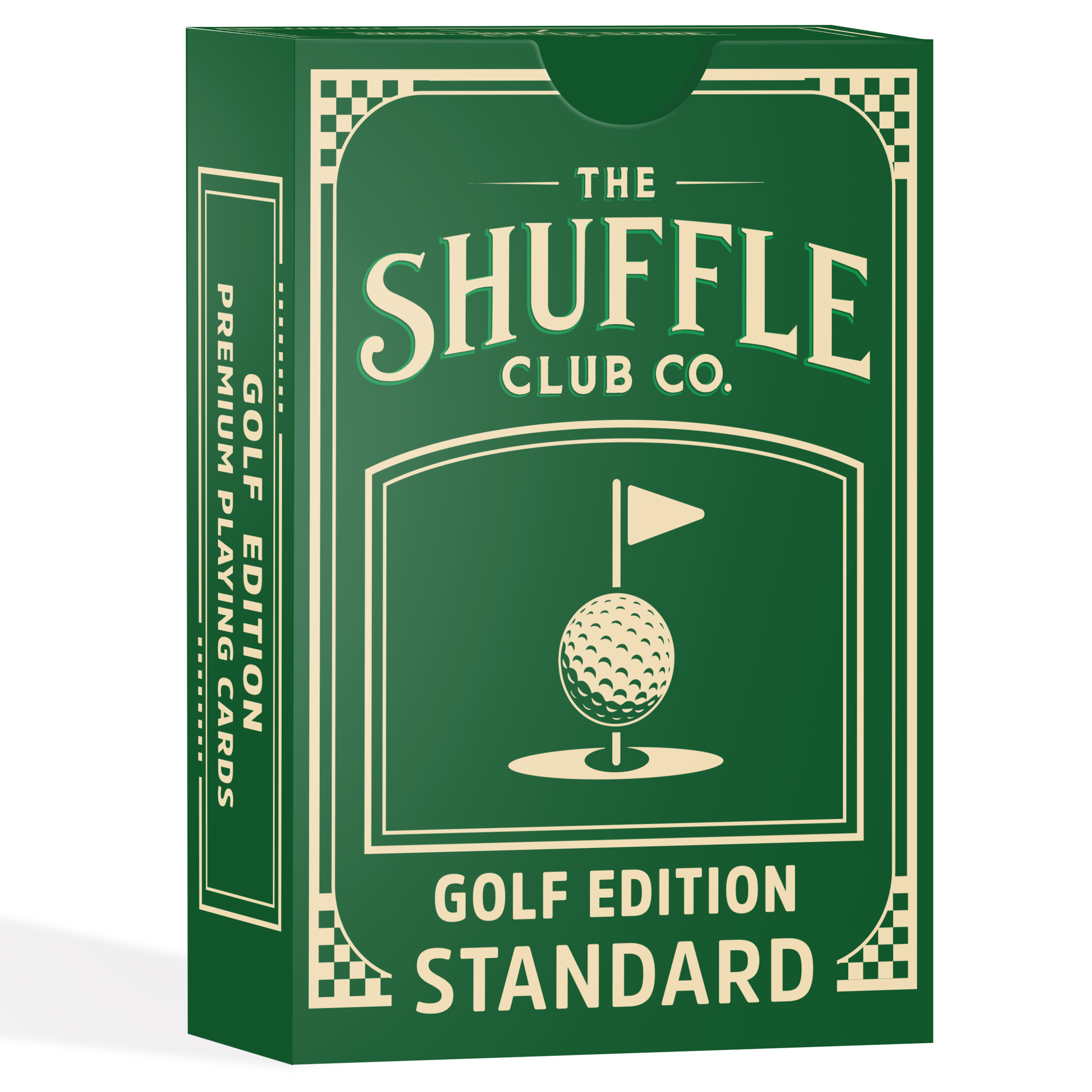 Front of Shuffle Club Co. Golf Edition playing cards box in green featuring a golf ball and flag illustration and the text 'Golf Edition Standard' on a white background.