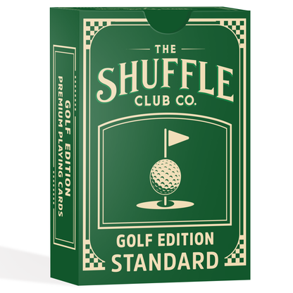 Front of Shuffle Club Co. Golf Edition playing cards box in green featuring a golf ball and flag illustration and the text 'Golf Edition Standard' on a white background.