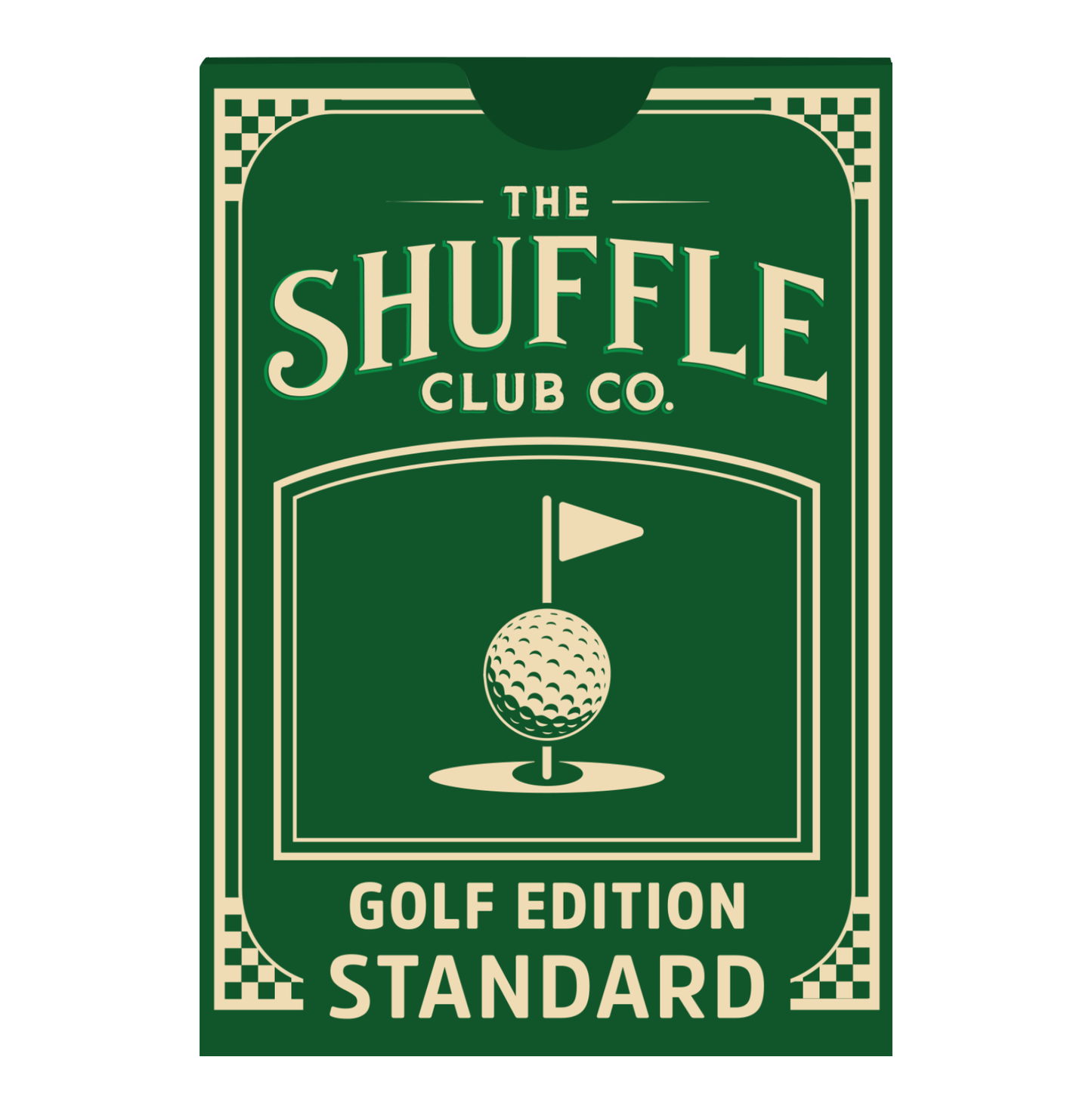 Front design of Shuffle Club Co. Golf Edition Standard playing cards in green with a golf ball and flag illustration and decorative checkered corners on a white background.