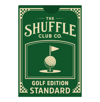 Front design of Shuffle Club Co. Golf Edition Standard playing cards in green with a golf ball and flag illustration and decorative checkered corners on a white background.