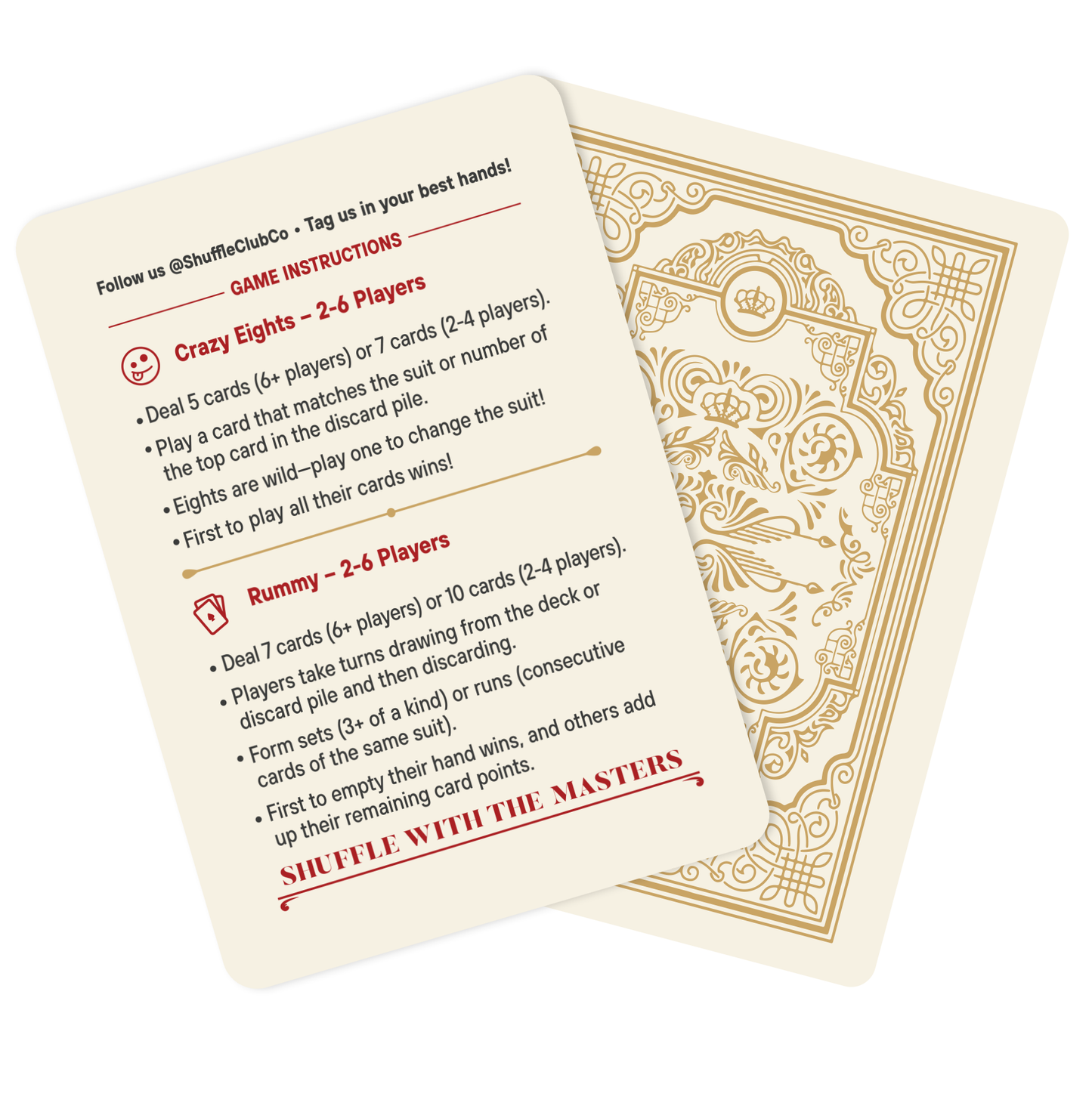 Two Shuffle Club Co. Fine Art Edition cards: one side provides game instructions for Crazy Eights and Rummy in red text with Shuffle With The Masters tagline, while the other shows the deck's ornate gold back design with an intricate pattern.
