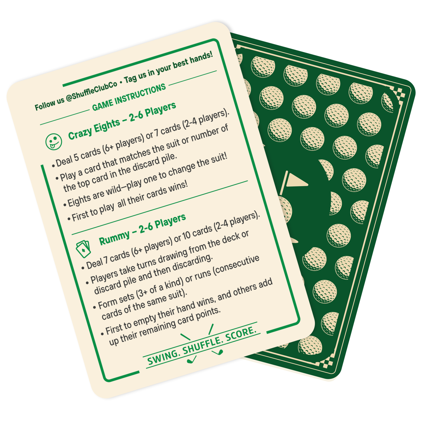 Two playing cards from Shuffle Club Co.'s Golf Edition deck; beige card printed with green text offering game instructions for Crazy Eights and Rummy, and green card with golf ball pattern back design.