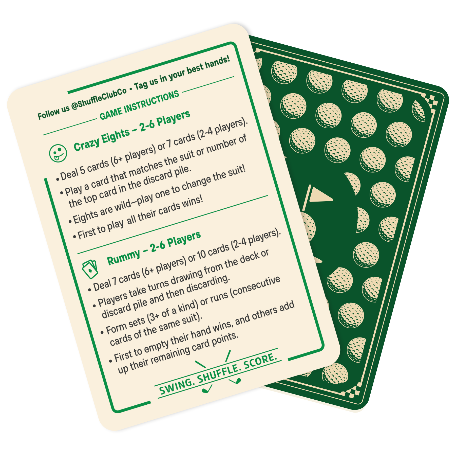 Two playing cards from Shuffle Club Co.'s Golf Edition deck; beige card printed with green text offering game instructions for Crazy Eights and Rummy, and green card with golf ball pattern back design.