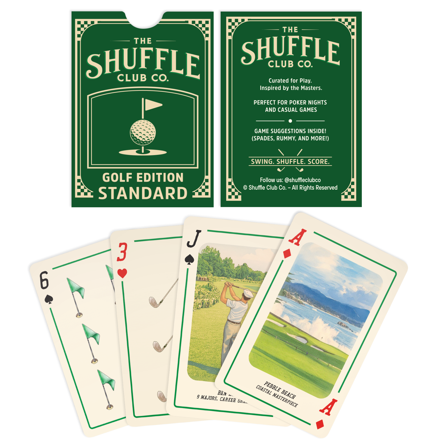Green and white golf-themed packaging cards from Shuffle Club Co. reading 'Golf Edition Standard,' with three playing cards below: one card shows a golf flag illustration, another shows a golfer swinging, and the third depicts a scenic golf course landscape.